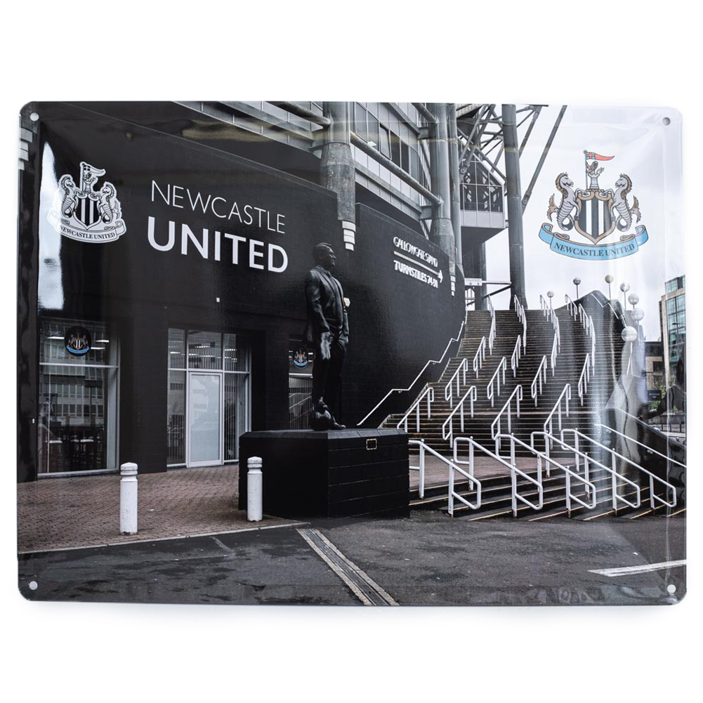 Newcastle United FC large metal photo sign of the Sir Bobby Robson statue with a full colour crest top right