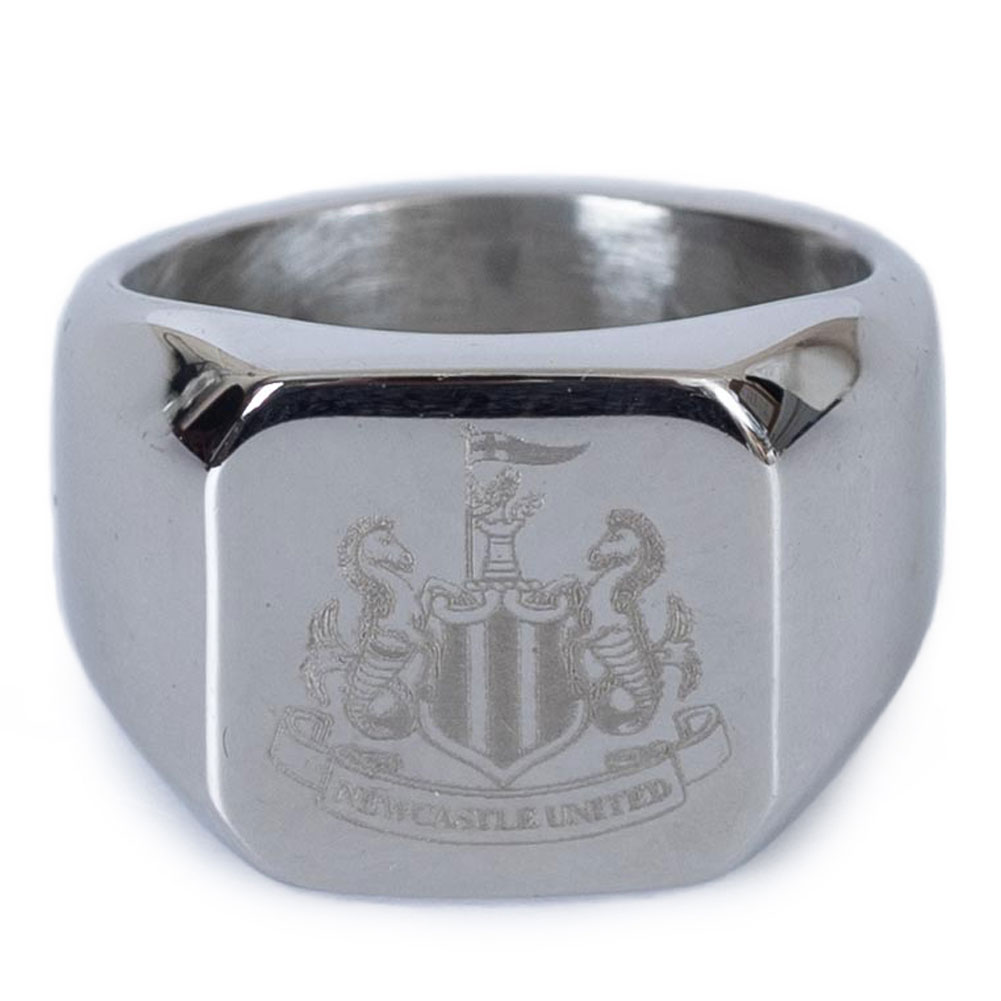 Newcastle United FC stainless steel signet ring with a square chrome face engraved with the club crest