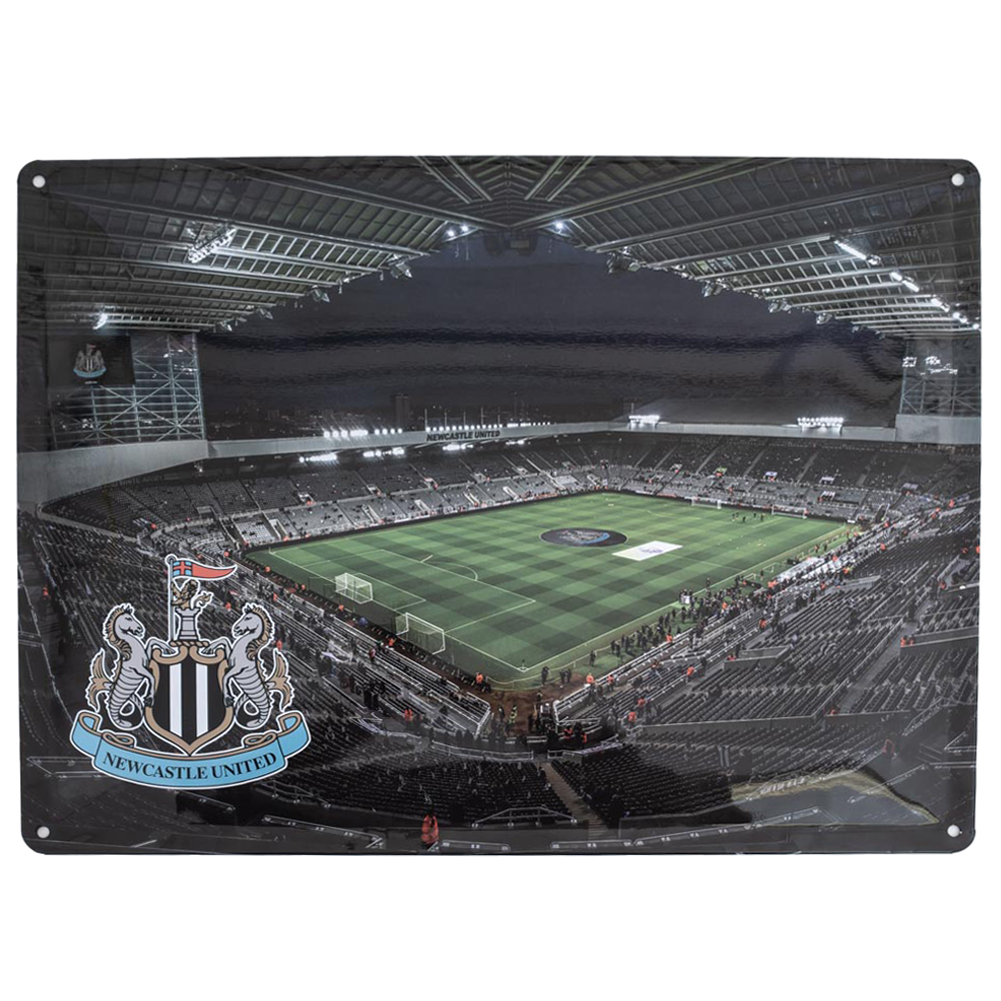 Newcastle United FC large metal photo sign of a night shot of the St James' Park pitch with a crest bottom left