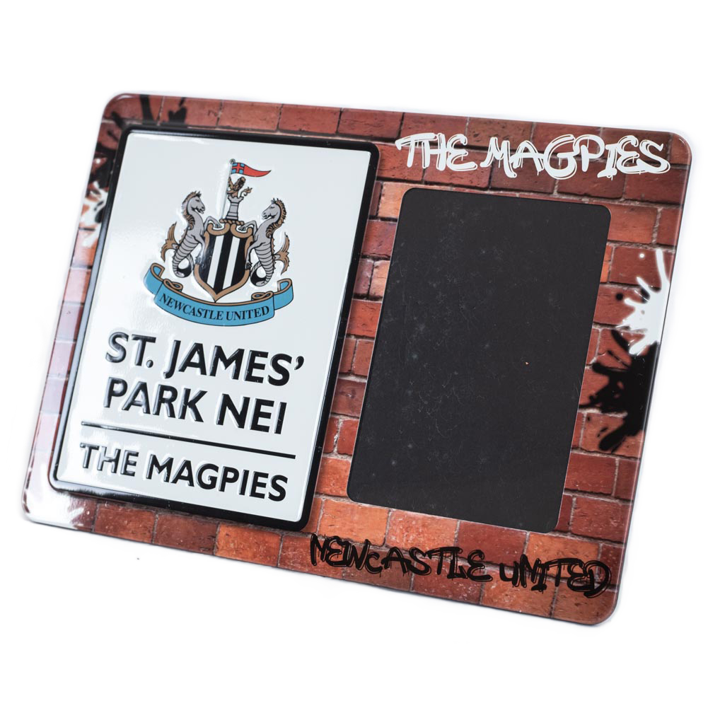 Newcastle United FC sturdy metal photo frame sign with St James Park design and The Magpies text on top
