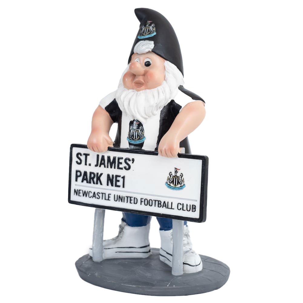 Newcastle United FC resin garden gnome in classic home kit colours with a St James' Park street sign