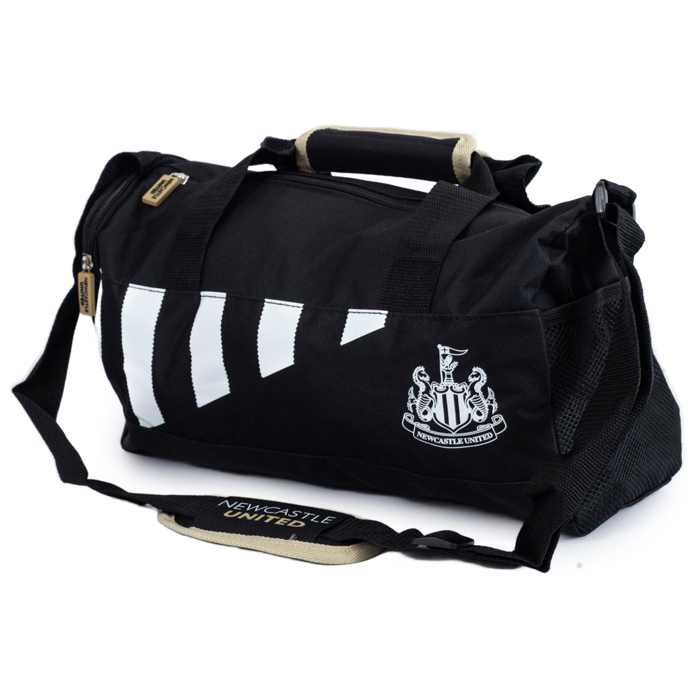 Black Newcastle United duffle bag with a white stripe design, a white club logo and a shoulder strap