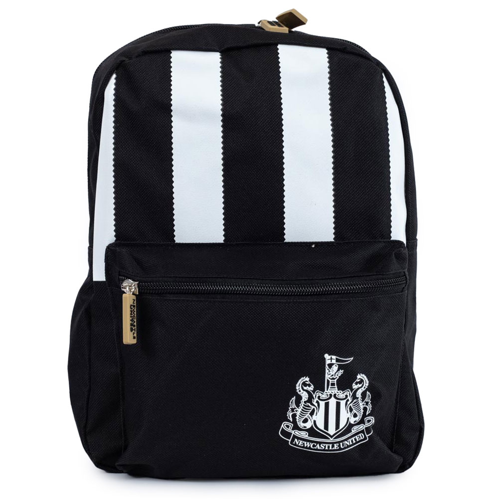 Black Newcastle United junior backpack with a stripe design, a white club crest and rubber zip pulls