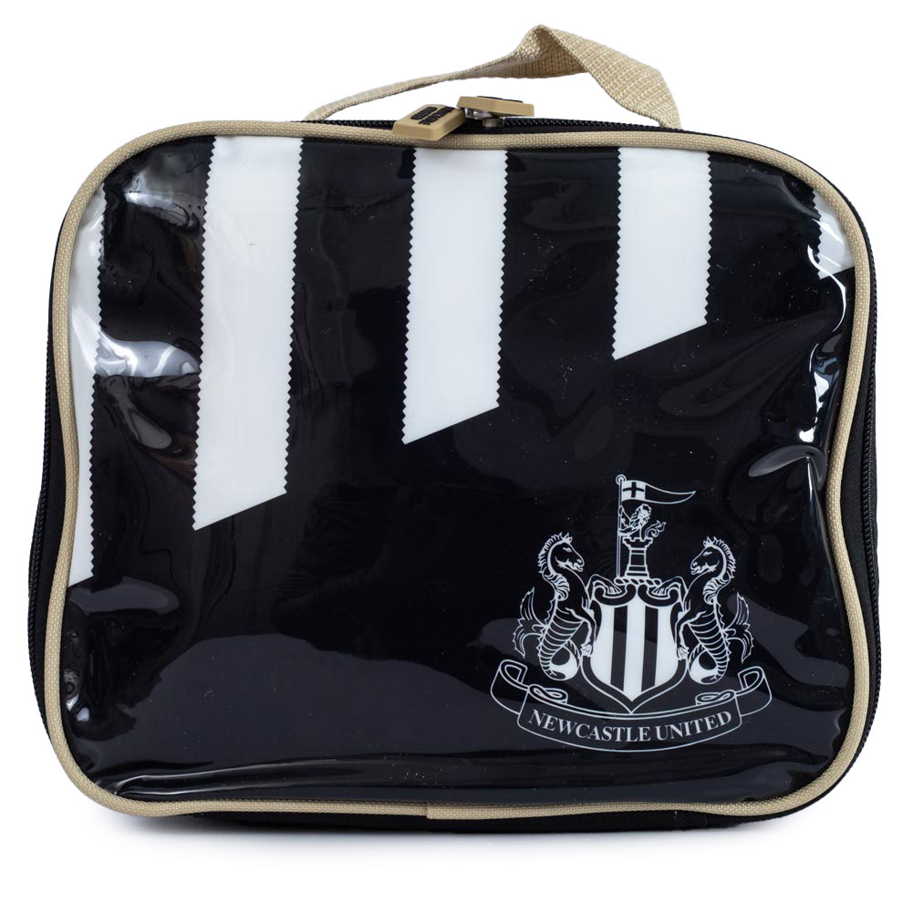 Black lunch bag with white stripes and a white Newcastle United logo on the front, with carry handle