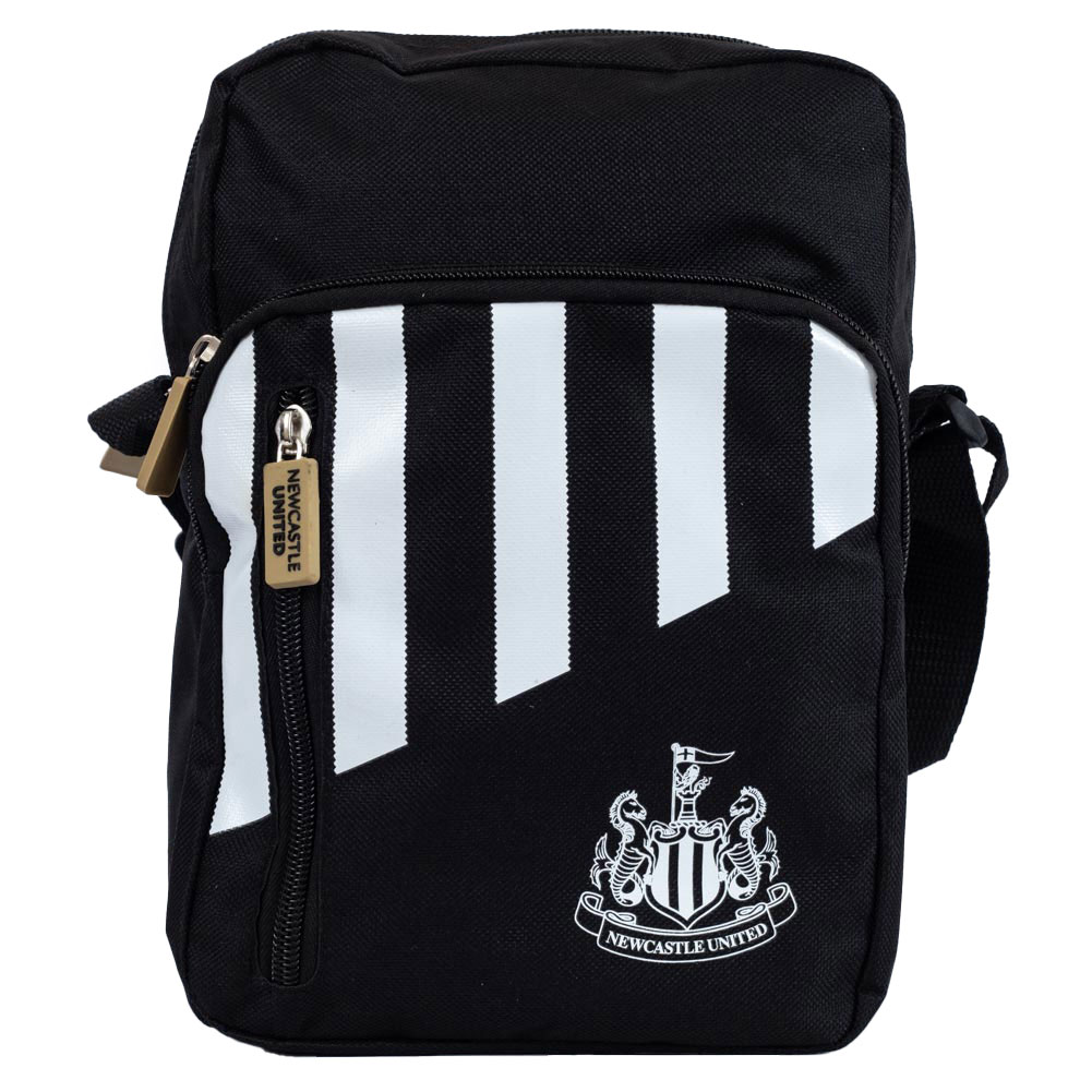 Black Newcastle United FC stripe design shoulder bag with a white club crest on the front