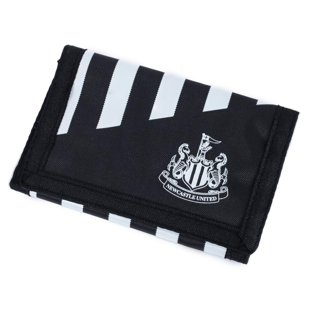 Black Newcastle United FC wallet with a white stripe design and white club crest on the front