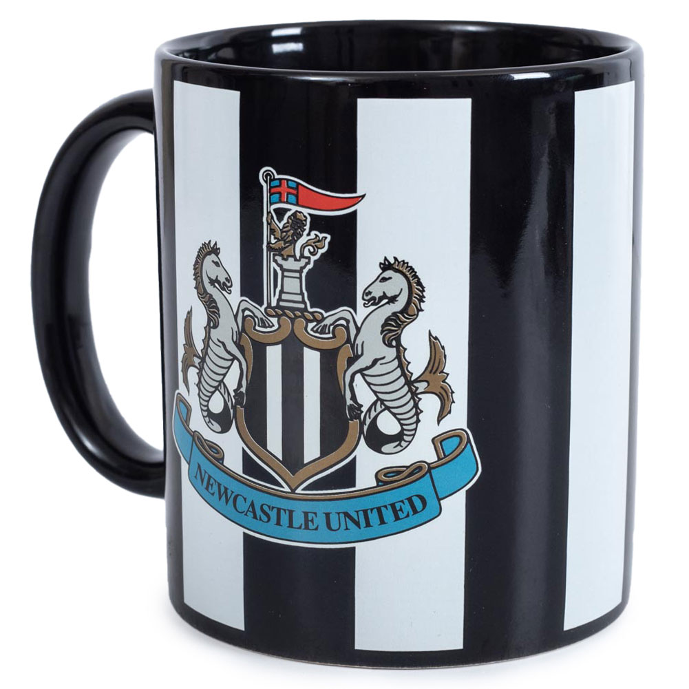 Newcastle United FC black and white striped ceramic mug with a full colour crest to one side and colour handle