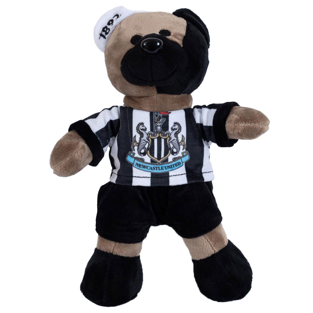 Brown and black Newcastle United FC plush Super Fan Bear wearing a classic NUFC home kit