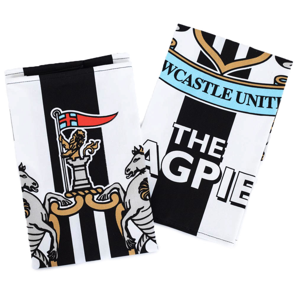 Two Newcastle United black and white striped tea towels with a full colour club crest and THE MAGPIES text
