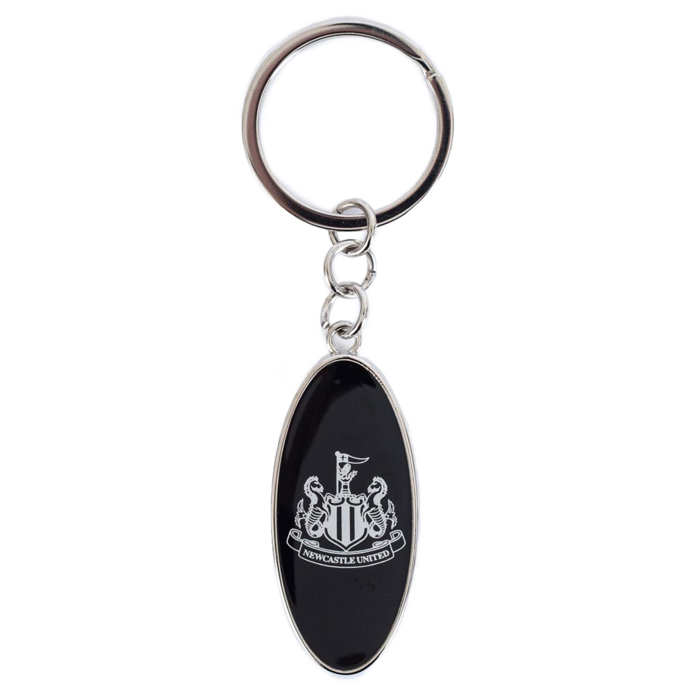 Newcastle United FC black oval metal keyring with a silver NUFC crest printed on the front