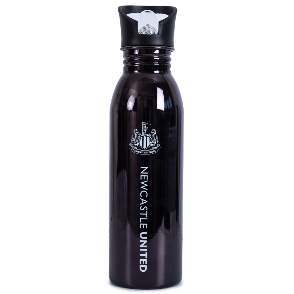 Black Newcastle United FC stainless steel UV metallic drinks bottle with a white Newcastle crest and text