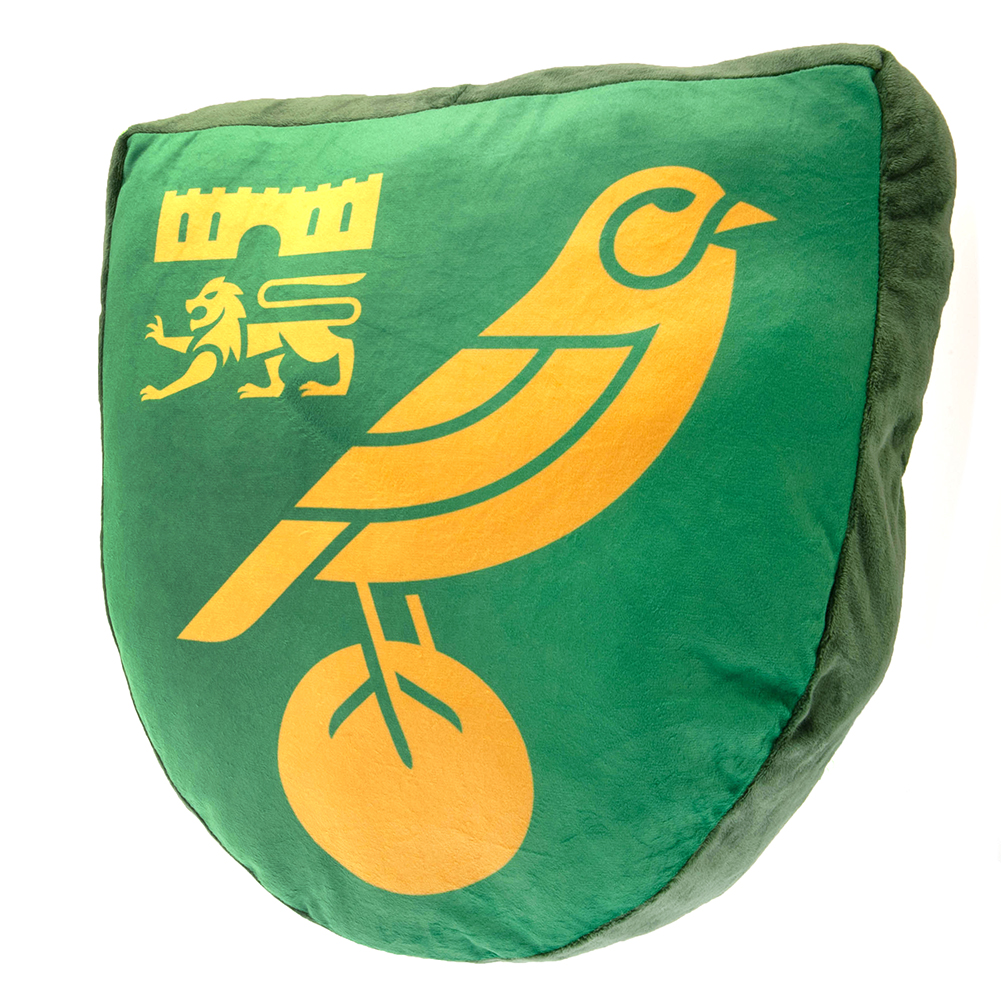 Yellow and green Norwich City FC crest shaped cushion with a swing tag