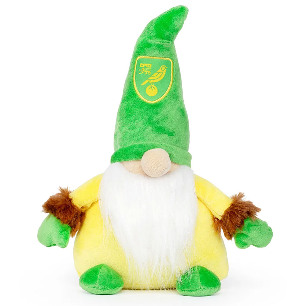 Norwich City FC plush Gonk in green and yellow with a big beard and the crest on its hat