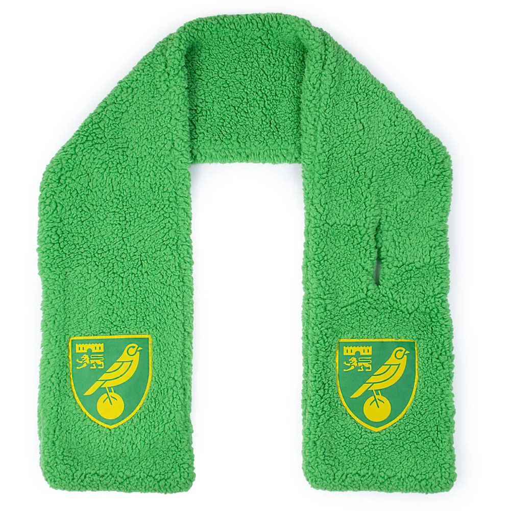 Norwich City FC green sherpa fleece scarf with an interlocking design and stitched woven club crest