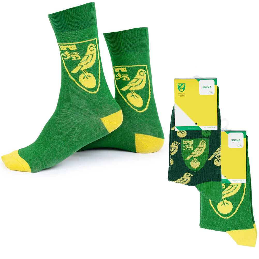Norwich City FC twin pack of dress socks with the Norwich crest and vibrant club colour patterns