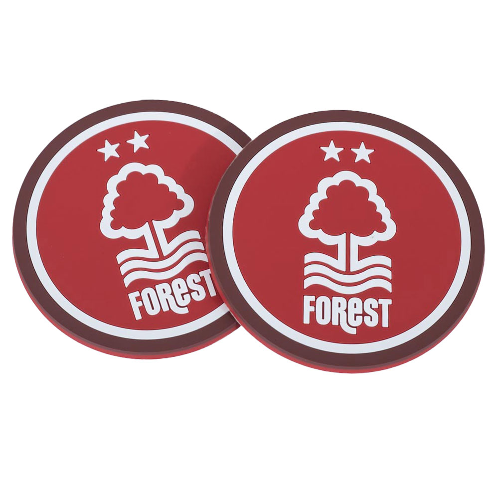 Pair of Nottingham Forest FC silicone coasters with a vibrant stamped Forest crest