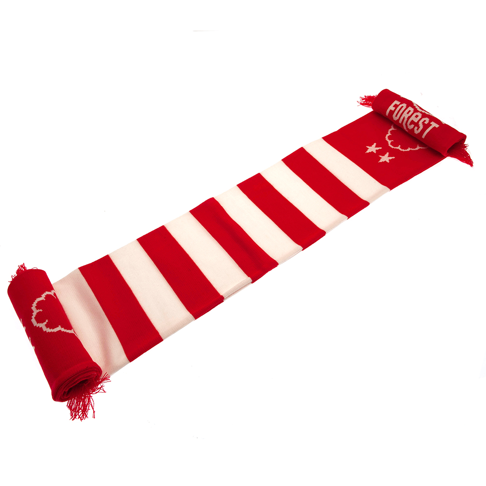 Nottingham Forest FC red and white bar stripe jacquard knit scarf with red fringe and large crest