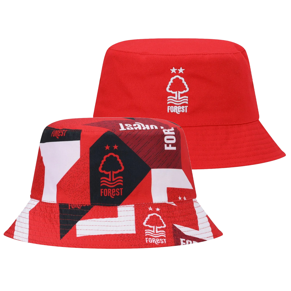 Nottingham Forest FC fitted reversible bucket hat with a geometric pattern and white embroidered crest