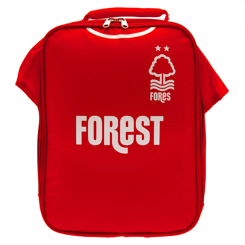 Nottingham Forest home shirt design lunch bag with FOREST text, club crest, name tag and carry handle