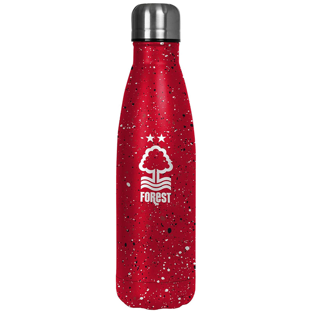Red Nottingham Forest FC thermal flask with a paint splatter design and a full colour Forest crest