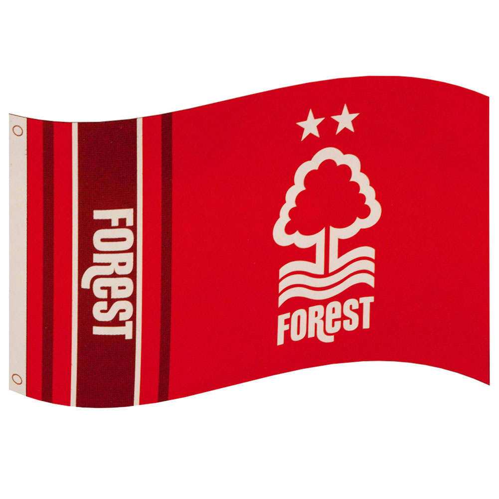 Nottingham Forest FC red wordmark flag with a full colour Forest crest, stripe design and text