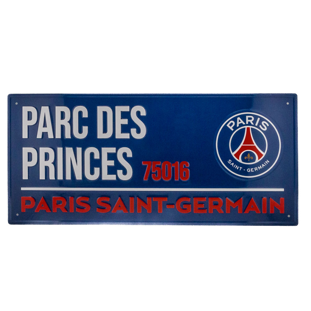 Paris Saint Germain gloss finish metal wall sign styled as a Parc Des Princes 75016 road sign on navy