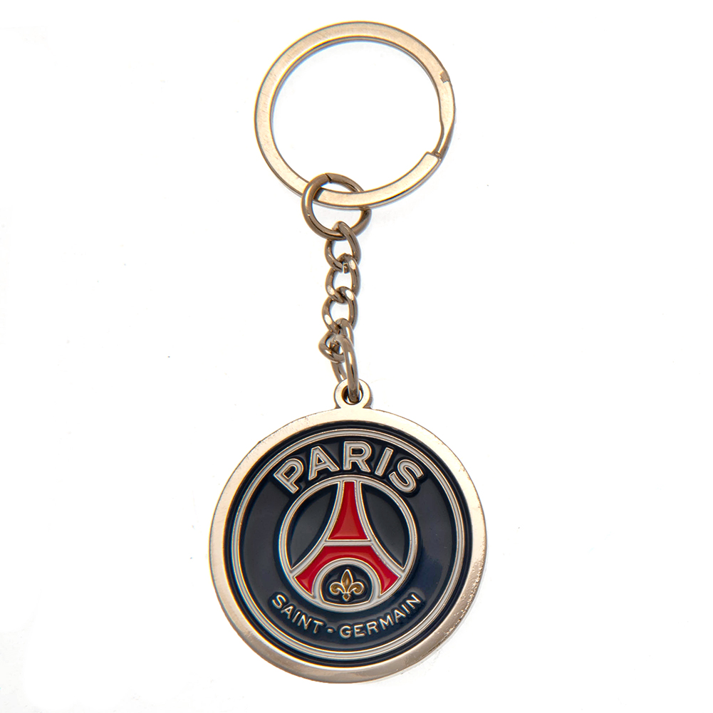 Paris Saint Germain FC round metal crest keyring with full colour enamel infill and a silver style finish
