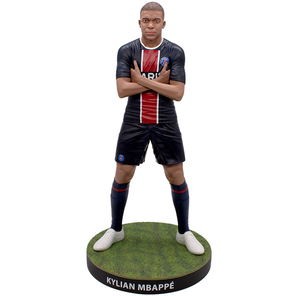 Paris Saint Germain Football's Finest resin statue of Kylian Mbappe in PSG home kit and white boots on a green base