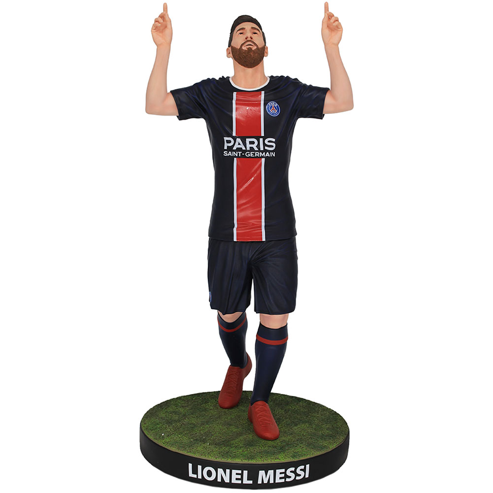 Paris Saint Germain Football's Finest resin statue of Lionel Messi in PSG home kit and red boots on a green base