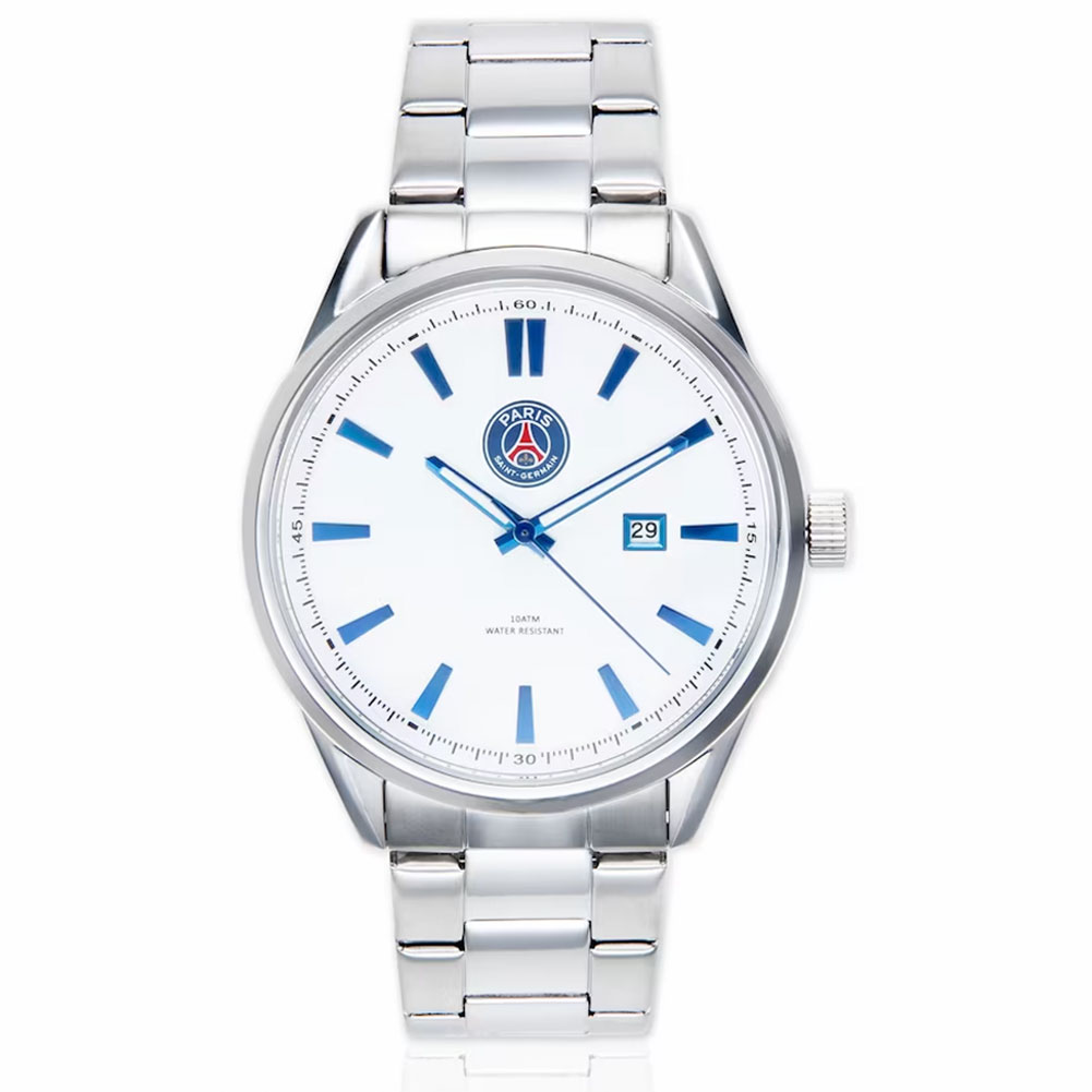 Paris Saint Germain FC mens white watch with blue digit indicators, a PSG crest and stainless steel casing