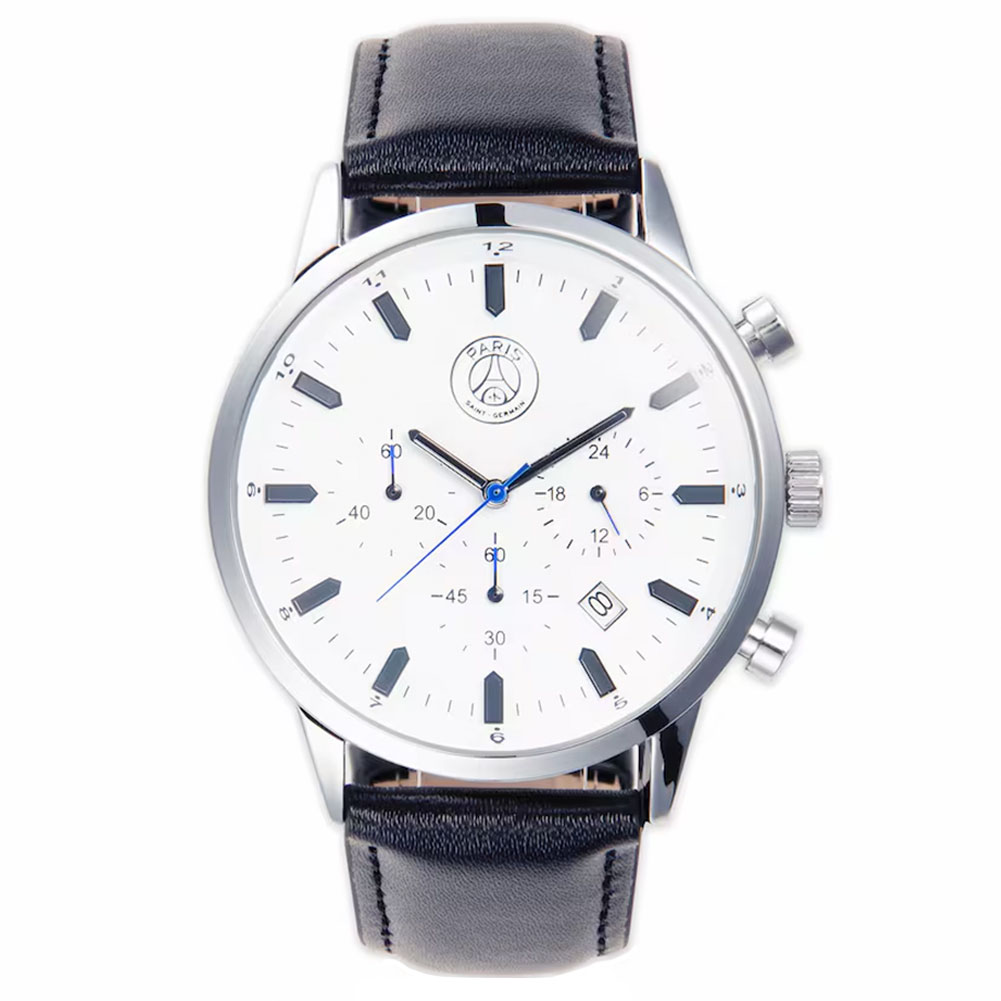 Paris Saint Germain FC mens white watch with a full colour PSG crest, silver case and black leather strap