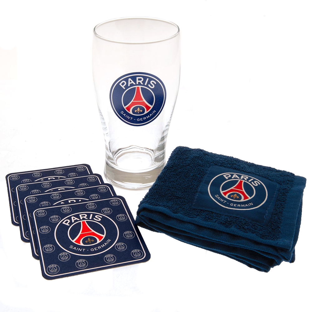 Paris Saint Germain FC mini bar set with a crested tulip pint glass, blue bar towel and four beer mats