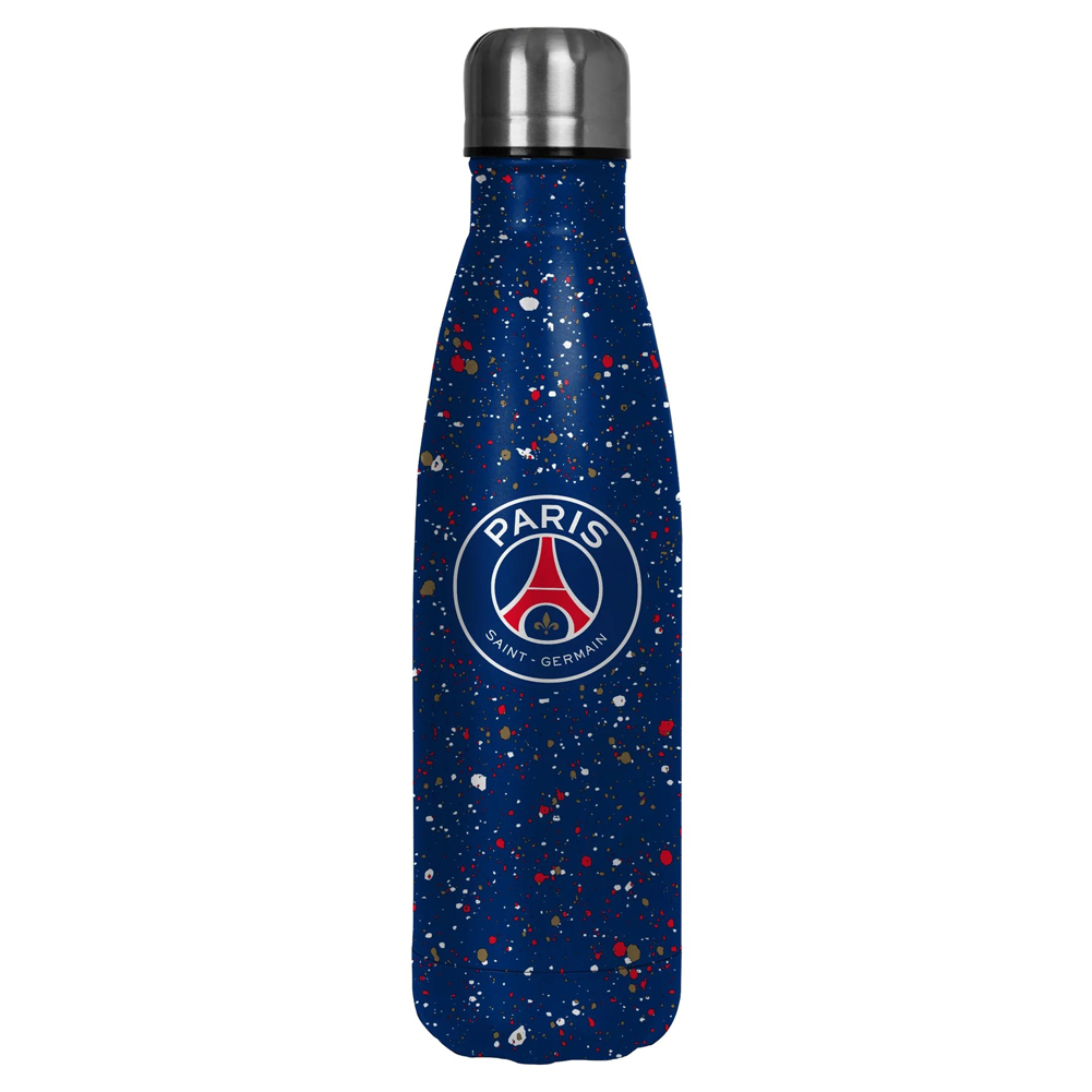 Blue Paris Saint Germain FC thermal flask with a paint splatter design featuring the club crest
