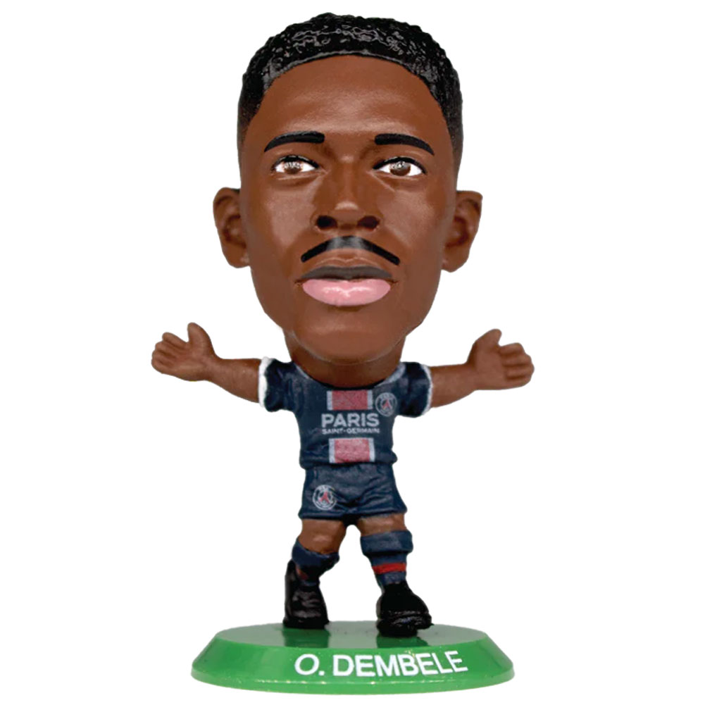 Ousmane Dembele SoccerStarz figure in the classic PSG home kit on a green base