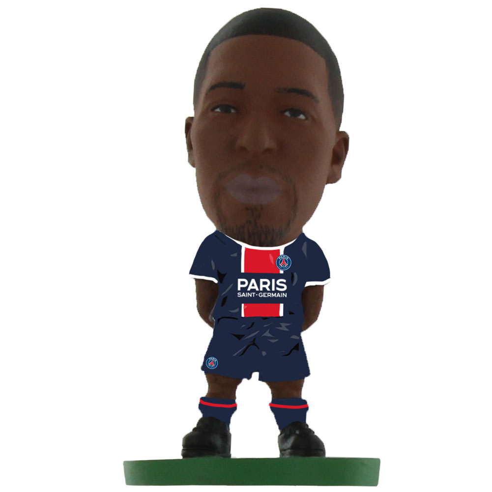 Paris Saint Germain FC SoccerStarz Presnel Kimpembe collectable figure in the classic home kit on a green base