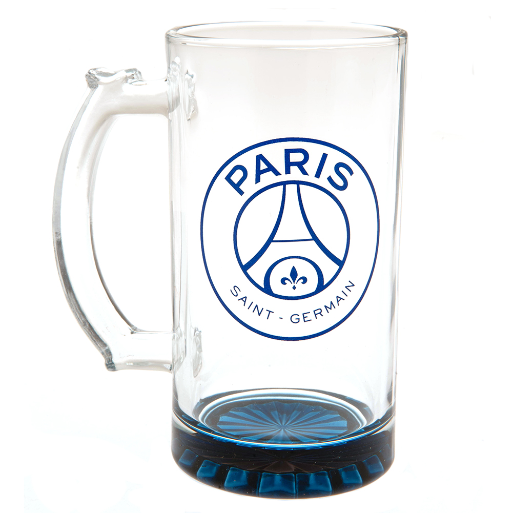 Paris Saint Germain FC glass stein tankard with a blue base and the PSG club crest