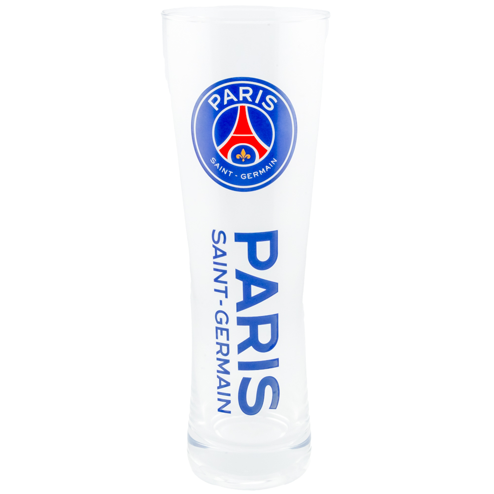 Paris Saint Germain FC tall slim pilsner style pint glass with blue text and a full colour club crest