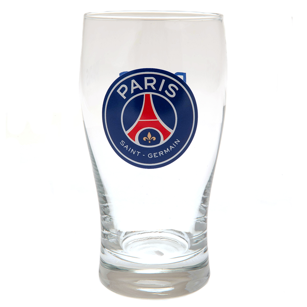 Paris Saint Germain FC tulip style pint glass with a full colour PSG club crest and blue text