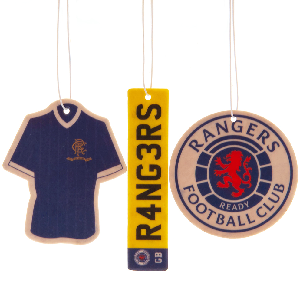 Rangers FC three pack of air fresheners with crest, home kit and number plate designs
