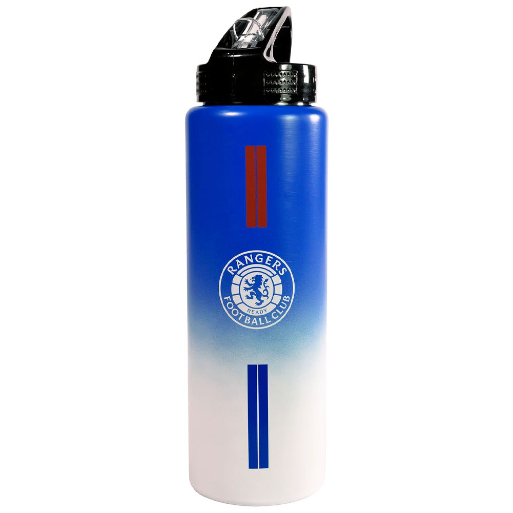 Rangers FC 750ml stainless steel drinks bottle with a vibrant stripe design and the crest and text in white