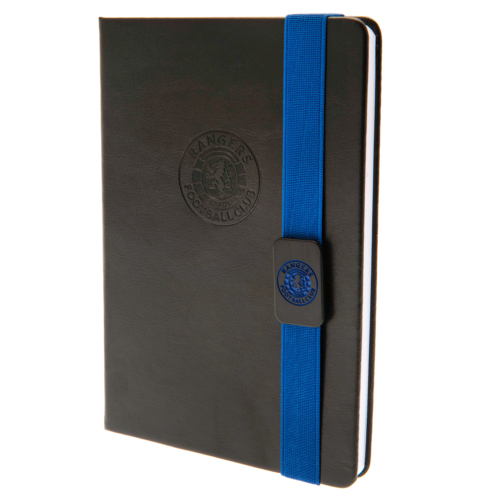 Rangers FC A5 notebook with a black faux leather cover, embossed Rangers crest and enamel crest elastic closure