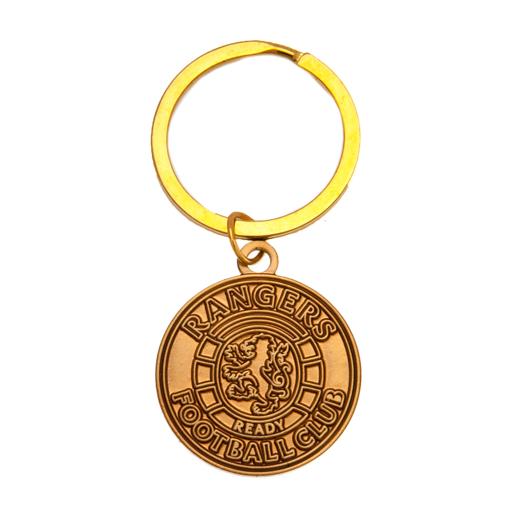 Rangers antique gold style die stamped crest shaped metal keyring with a split ring on a header card