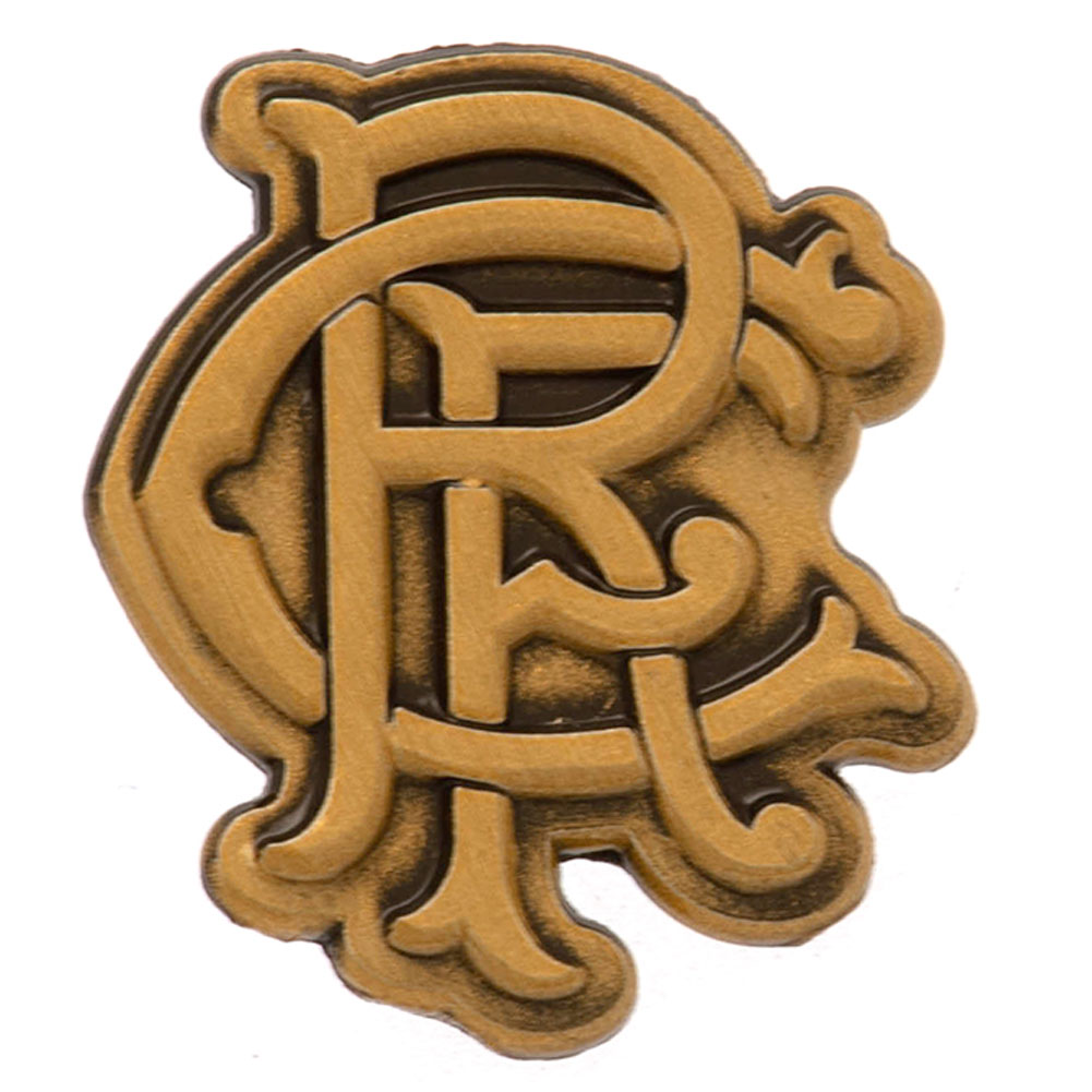 Rangers FC antique gold scroll crest shaped metal pin badge on a header card