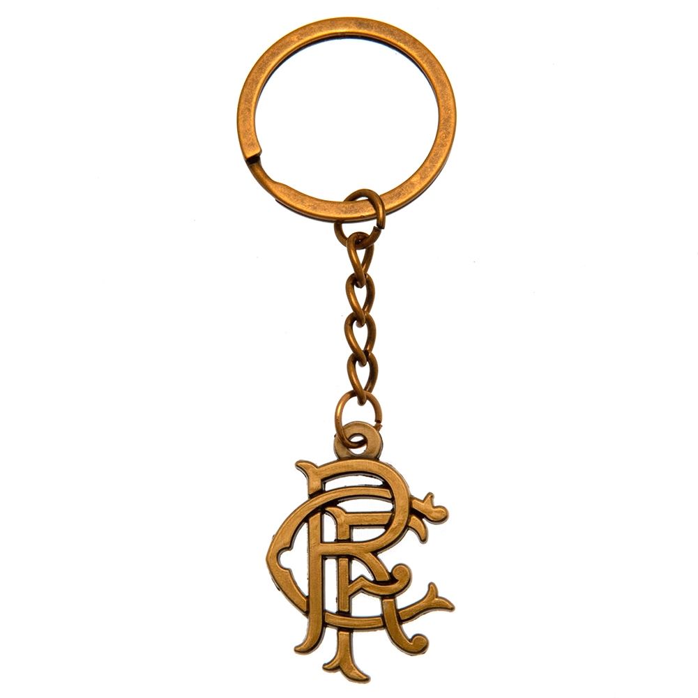 Rangers antique gold style die stamped crest shaped metal keyring with a split ring on a header card