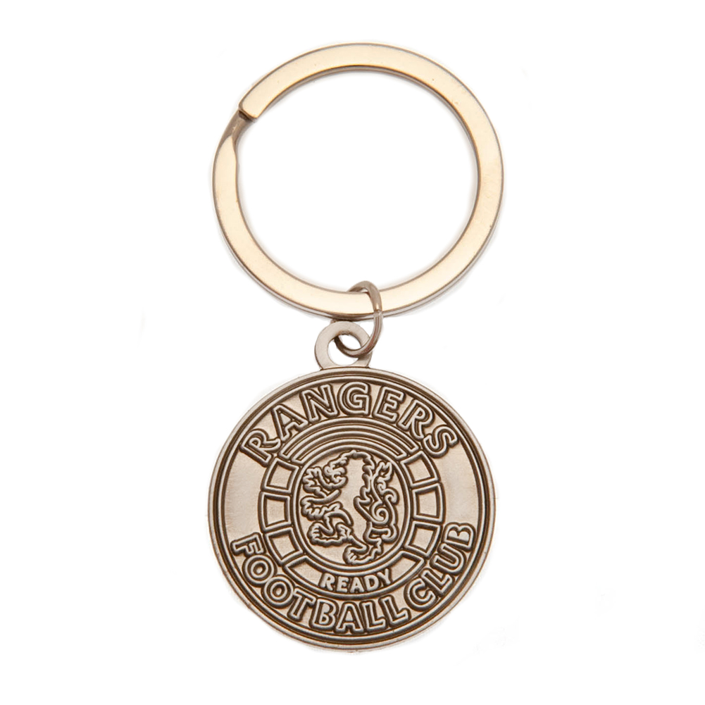 Rangers antique silver style die stamped crest shaped metal keyring with a split ring on a header card