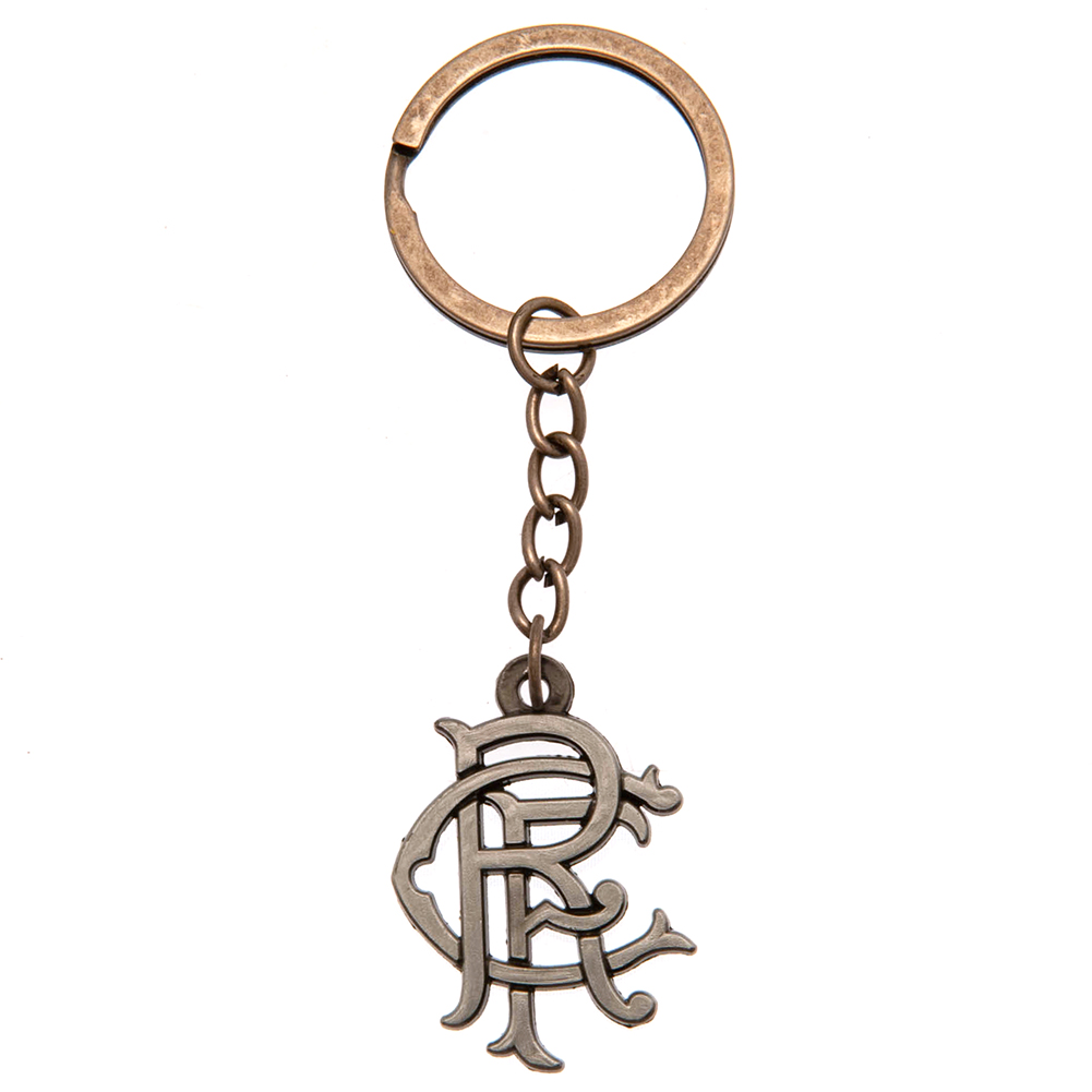 Rangers antique silver style die stamped crest shaped metal keyring with a split ring on a header card