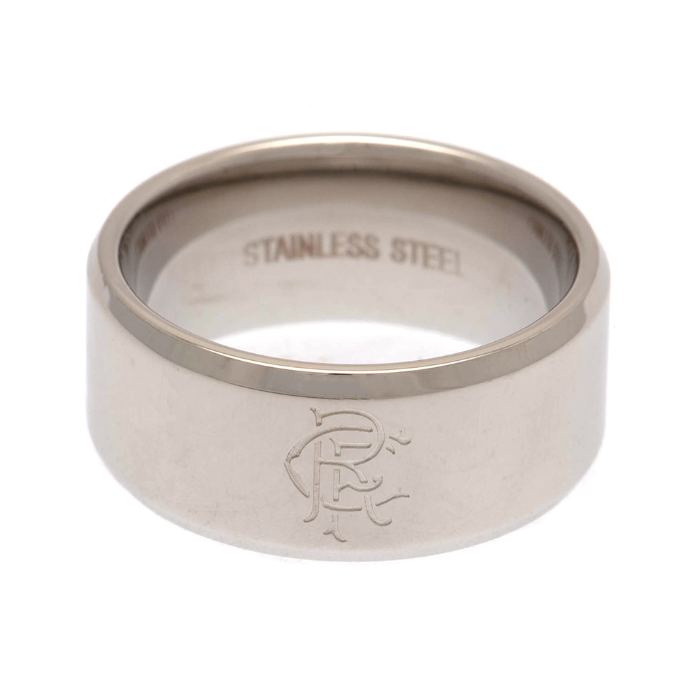 Rangers FC stainless steel band ring with a bevelled edge, chrome finish and engraved Rangers club crest