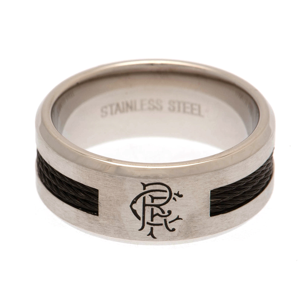 Rangers FC stainless steel ring with a black rope insert, brushed satin finish and engraved Rangers crest