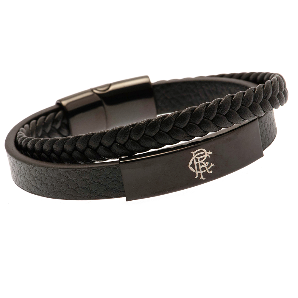Rangers FC twin genuine leather bracelet with a black IP crest plate and engraved Rangers logo