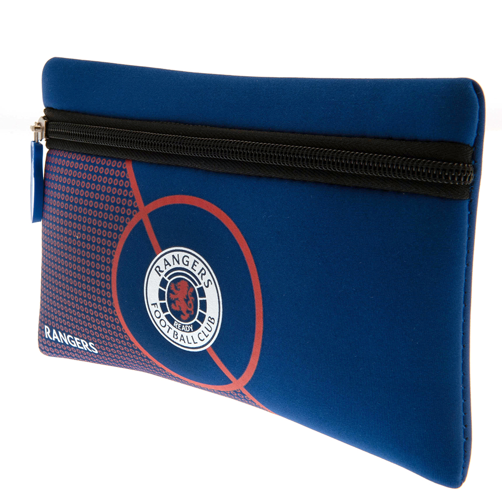 Rangers FC neoprene zipped pencil case with a full colour Rangers crest on a blue and white fade design